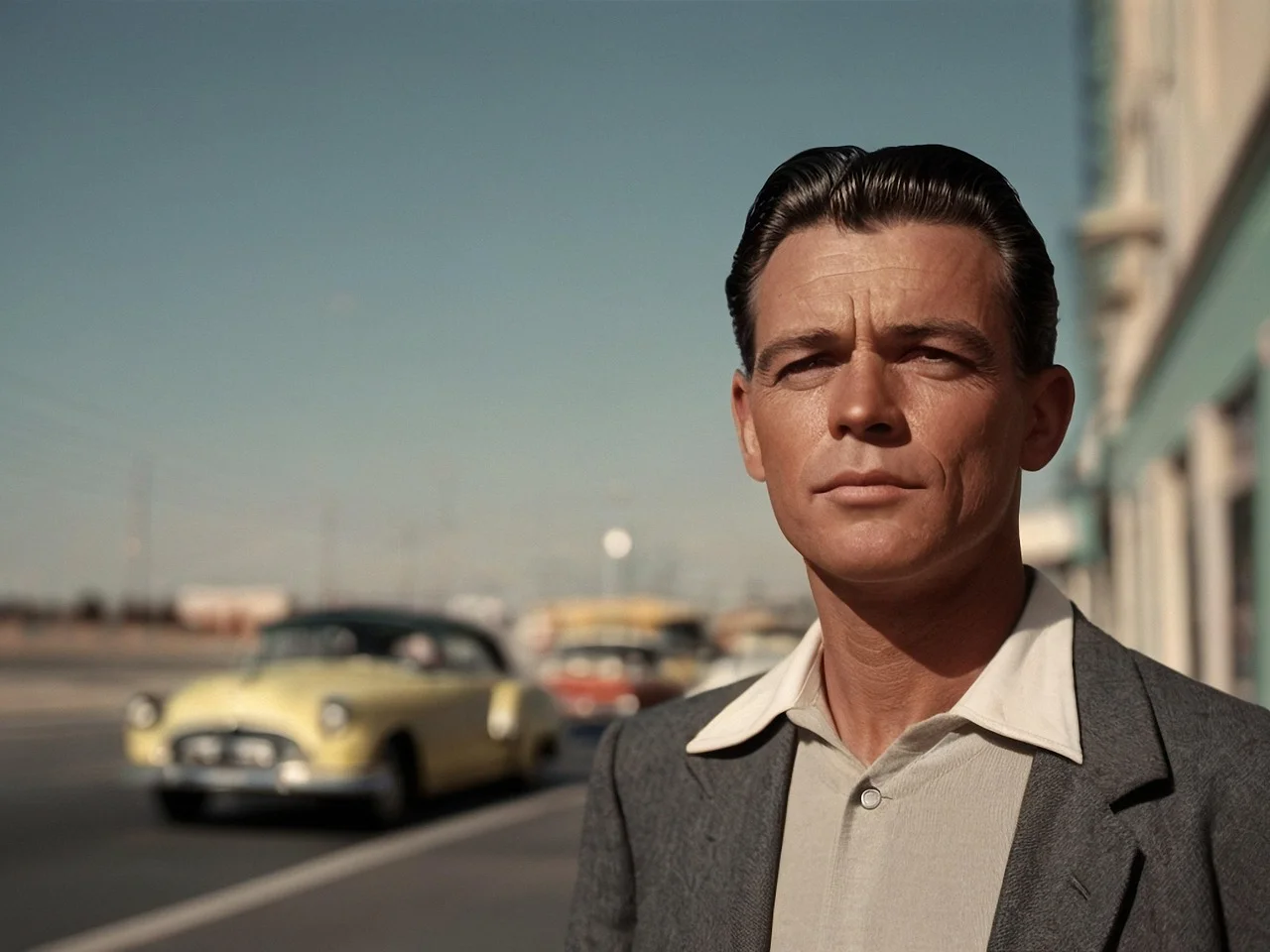Source photo: a man in a grey jacket on a 1950s street with a yellow car behind him