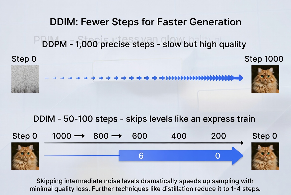 Comparison of denoising with many steps versus fewer steps: DDIM and distillation techniques allow skipping steps while maintaining image quality