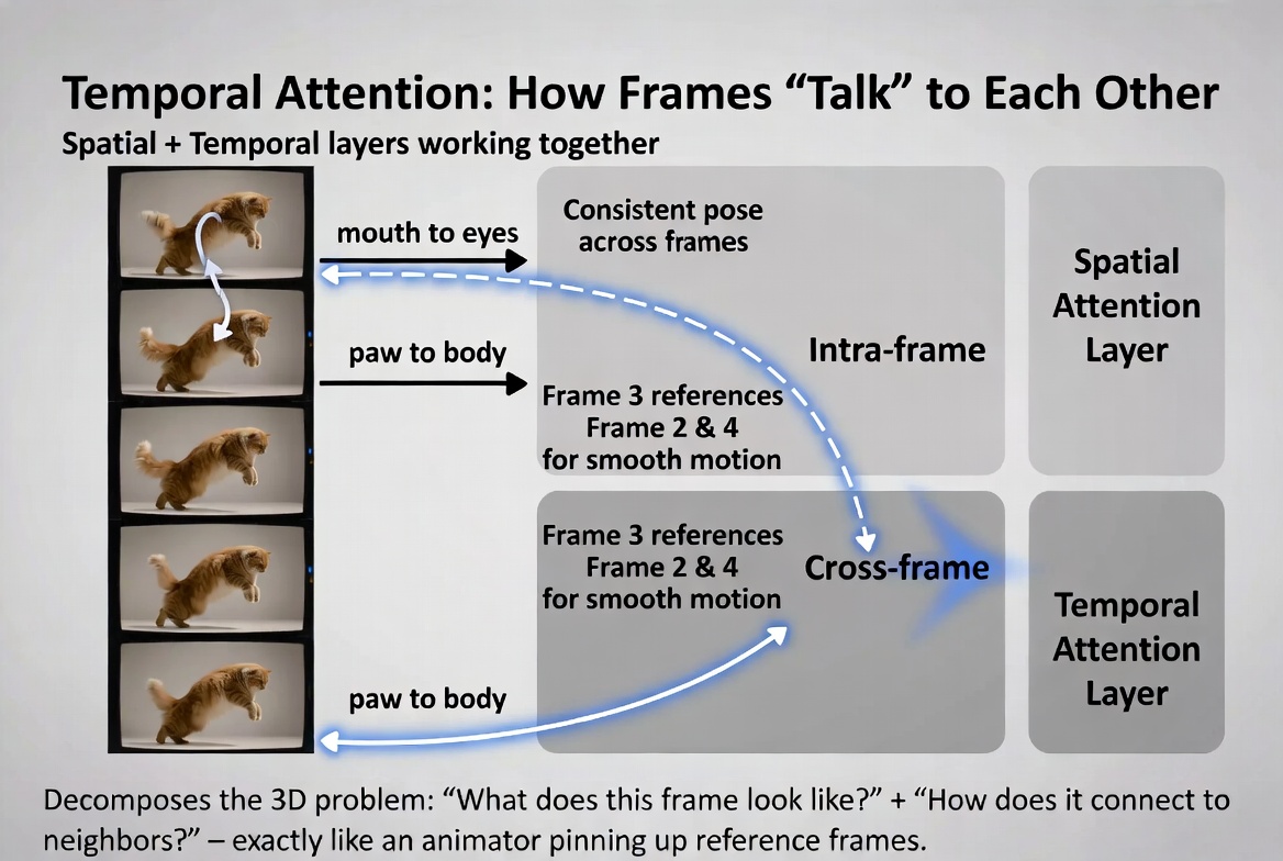Temporal attention: spatial attention layers handle consistency within each frame (intra-frame), while temporal attention layers connect frames across time (cross-frame) for smooth motion