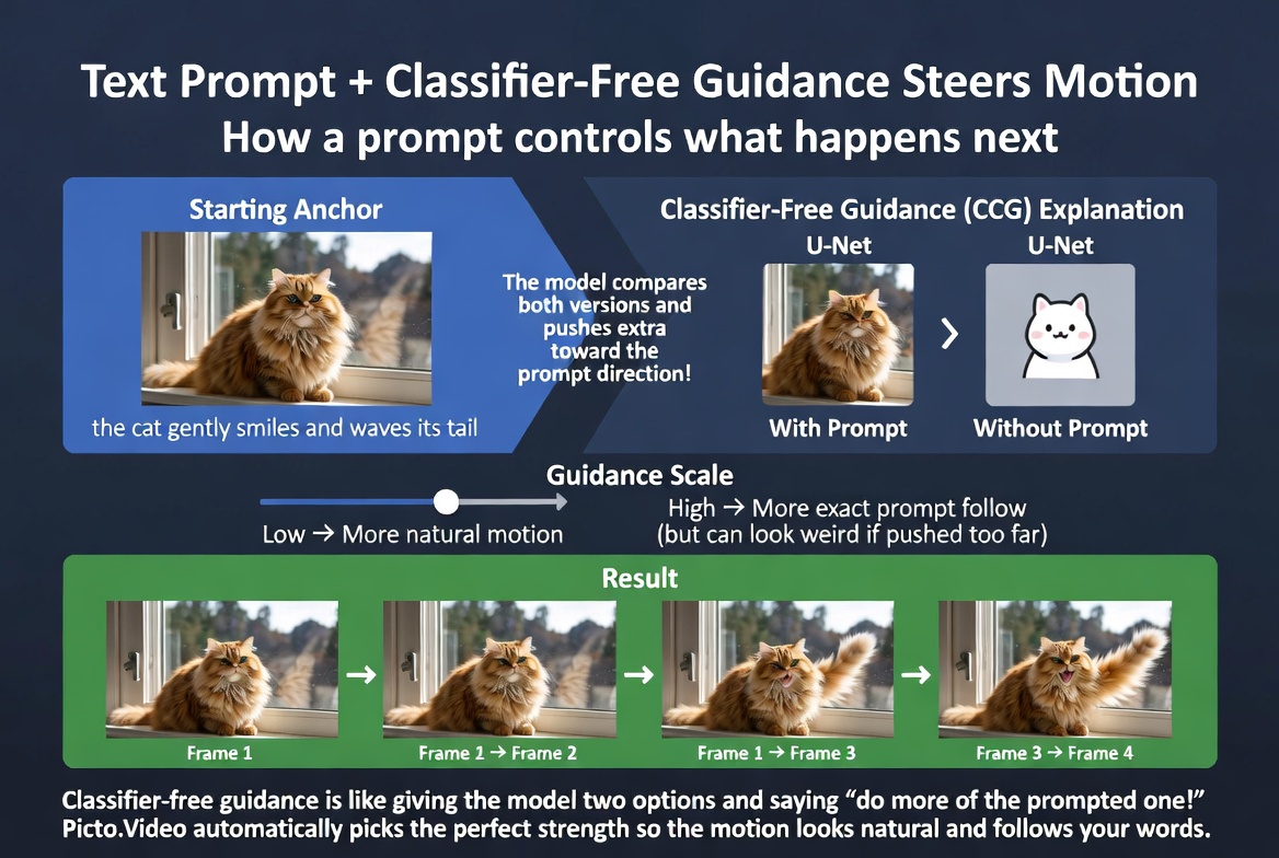 Classifier-free guidance: the model compares predictions with and without the text prompt, amplifying the difference. A guidance scale slider controls how closely output follows the prompt versus natural motion