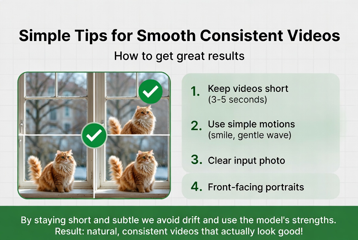 Tips for smooth consistent videos: keep videos short (3-5 seconds), use simple motions like smile or gentle wave, use a clear input photo, and prefer front-facing portraits