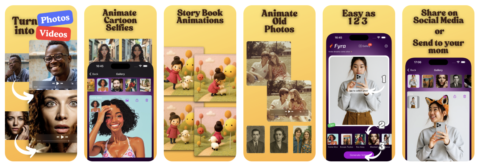 Picto.Video iPhone app screenshots showcasing photo animation flow