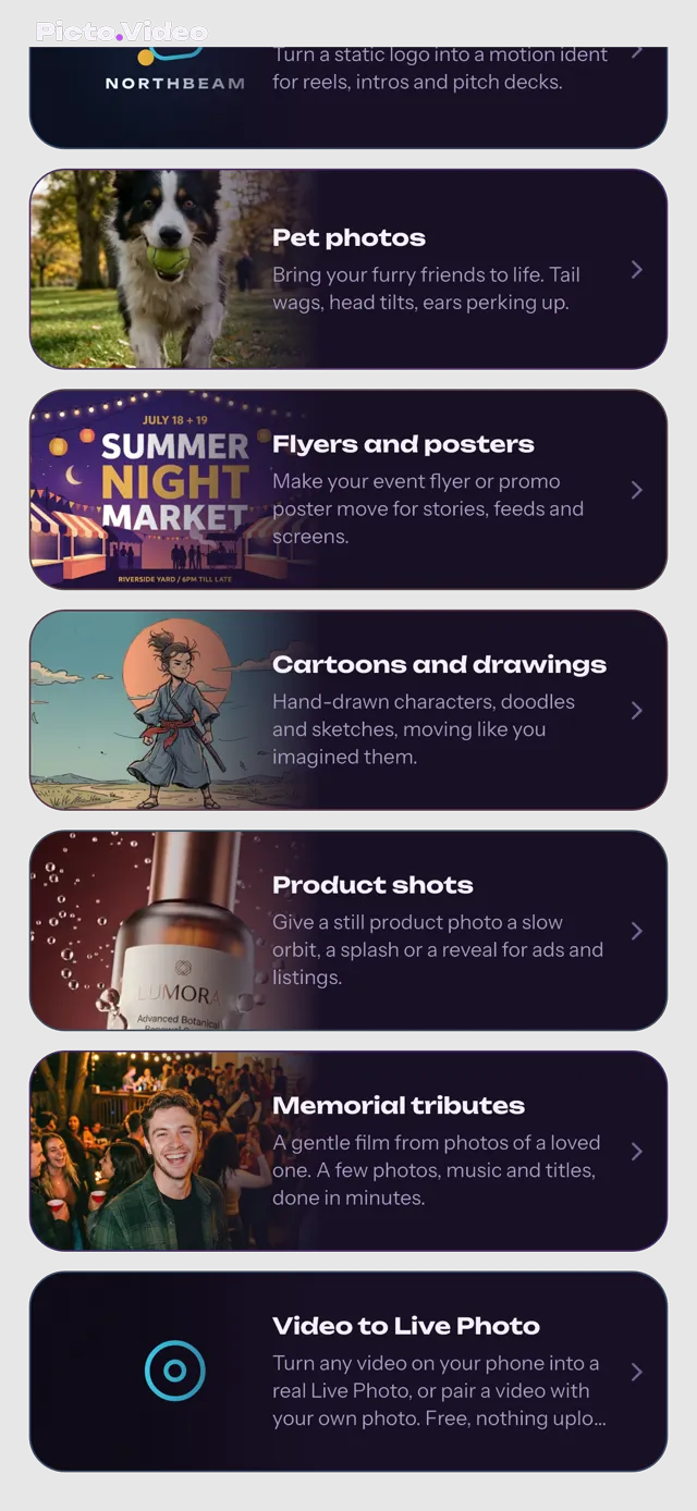 The Picto.Video app home screen with the Video to Live Photo row