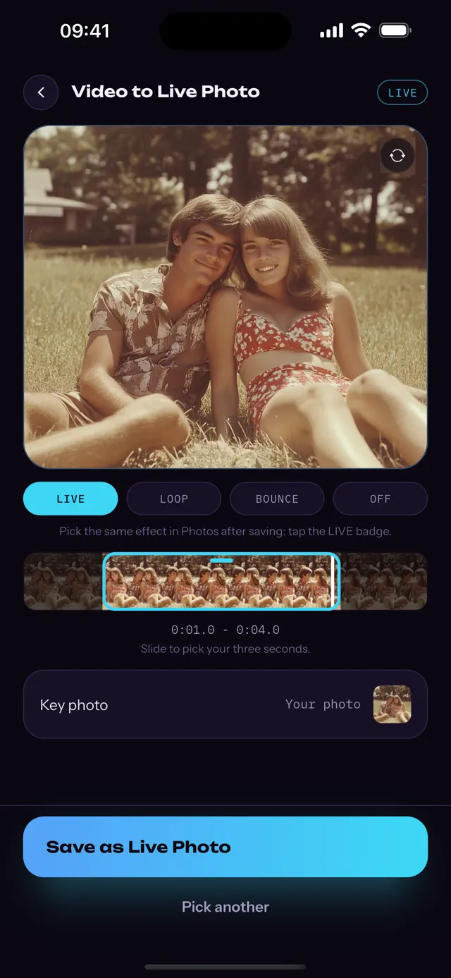 The Video to Live Photo converter in the Picto.Video app with the three-second trim bar