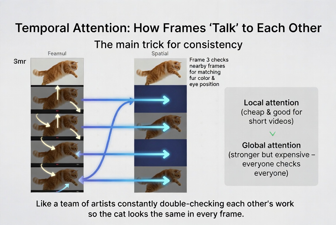 Temporal attention: each frame checks nearby frames for matching details like fur color and eye position. Local attention is cheap and good for short videos, while global attention is stronger but expensive