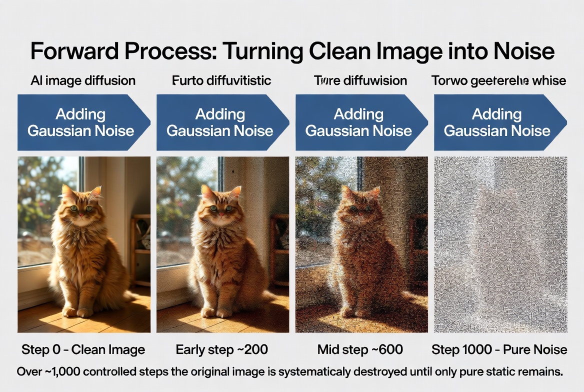 Forward diffusion process: an image is progressively corrupted with Gaussian noise across multiple steps, from a clean original to pure static