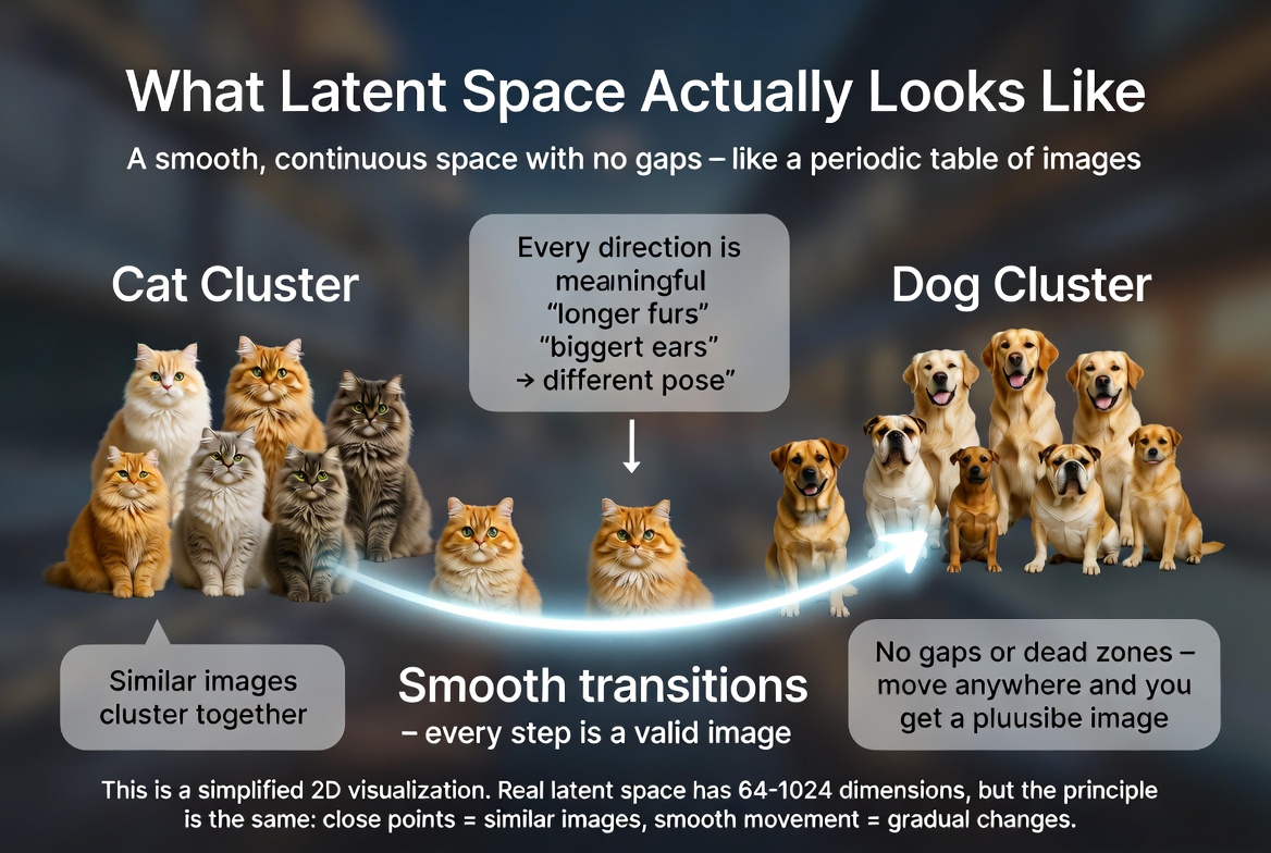 A 2D visualization of latent space showing cat and dog image clusters with smooth transitions between them — similar images cluster together, and every point corresponds to a valid image