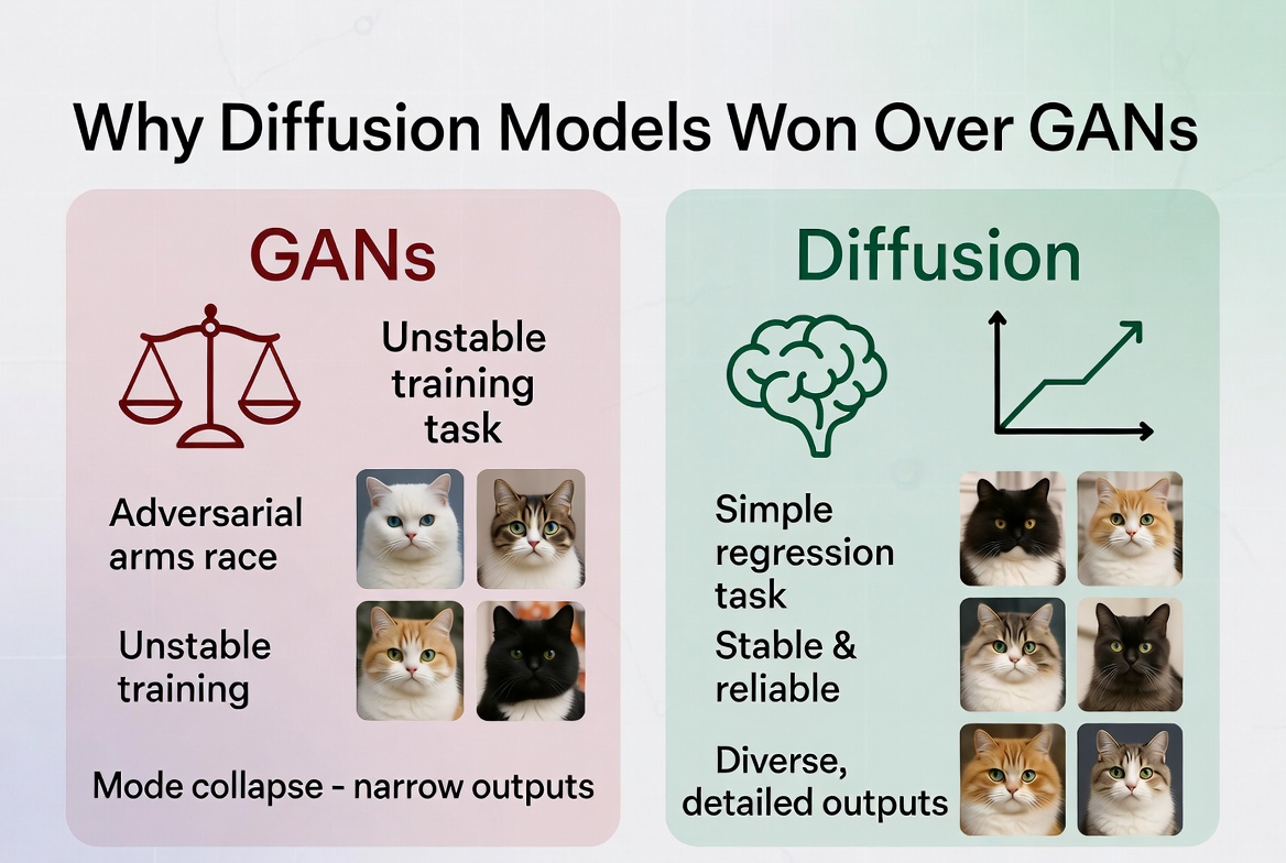 Comparison of GANs versus diffusion models: GANs suffer from mode collapse and unstable training, while diffusion models offer stable training and diverse outputs