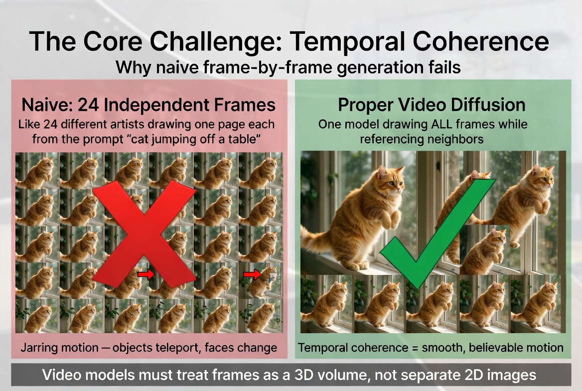 Comparison of naive frame-by-frame generation (24 independent frames with jarring motion) versus proper video diffusion (one model drawing all frames while referencing neighbors for smooth motion)